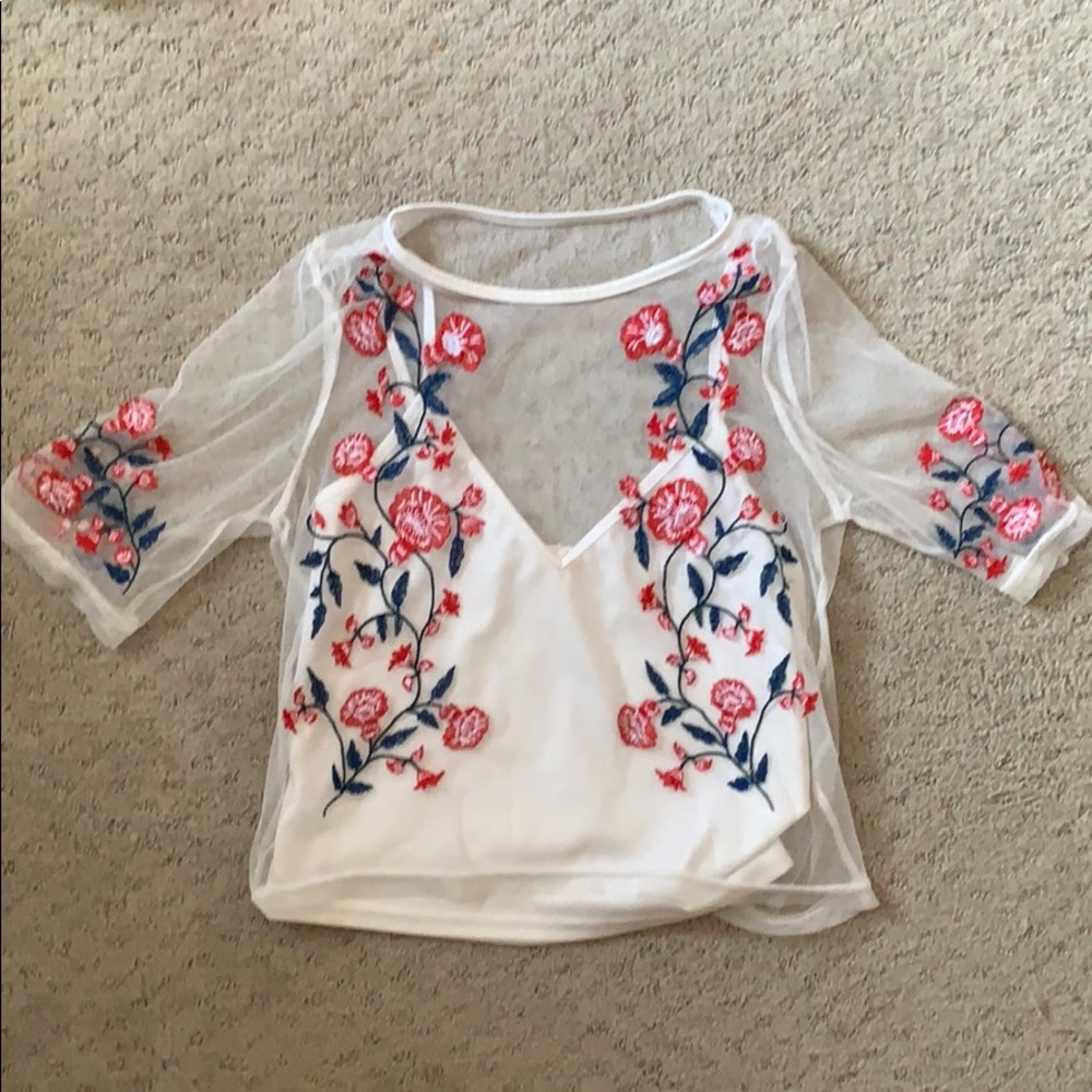 white mesh overlay embroidered tank top
